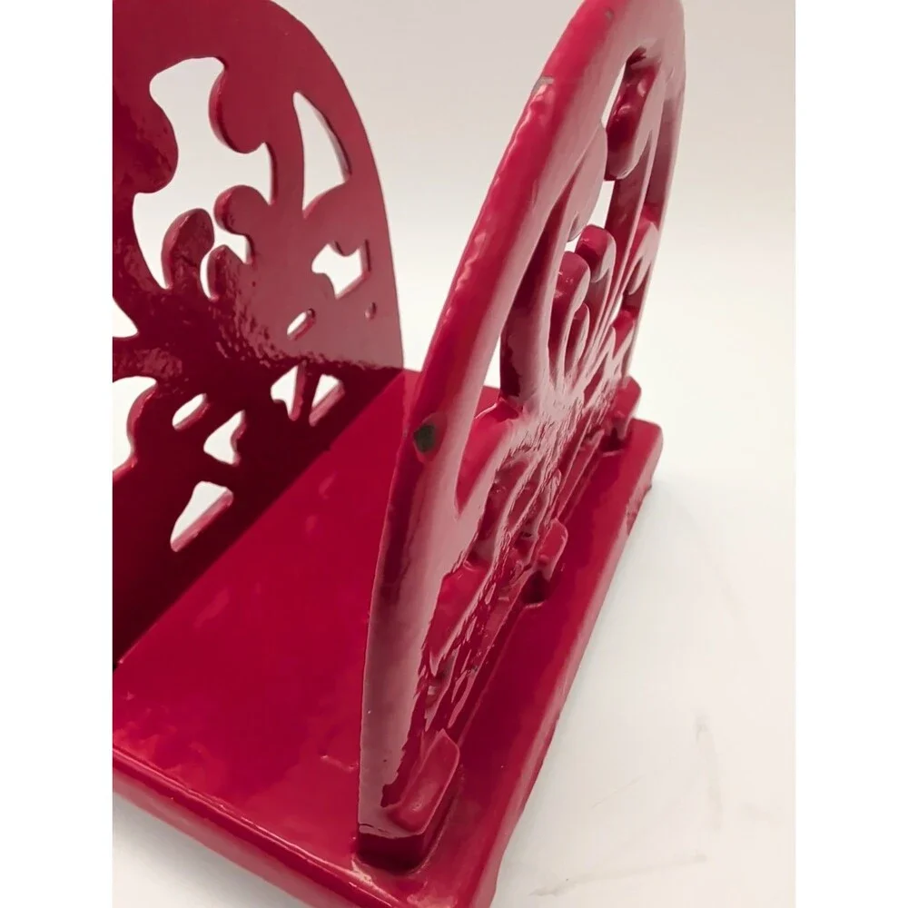 Cast Iron Napkin Holder Red Scroll Design Letter Organizer Farmhouse Heavy Vtg